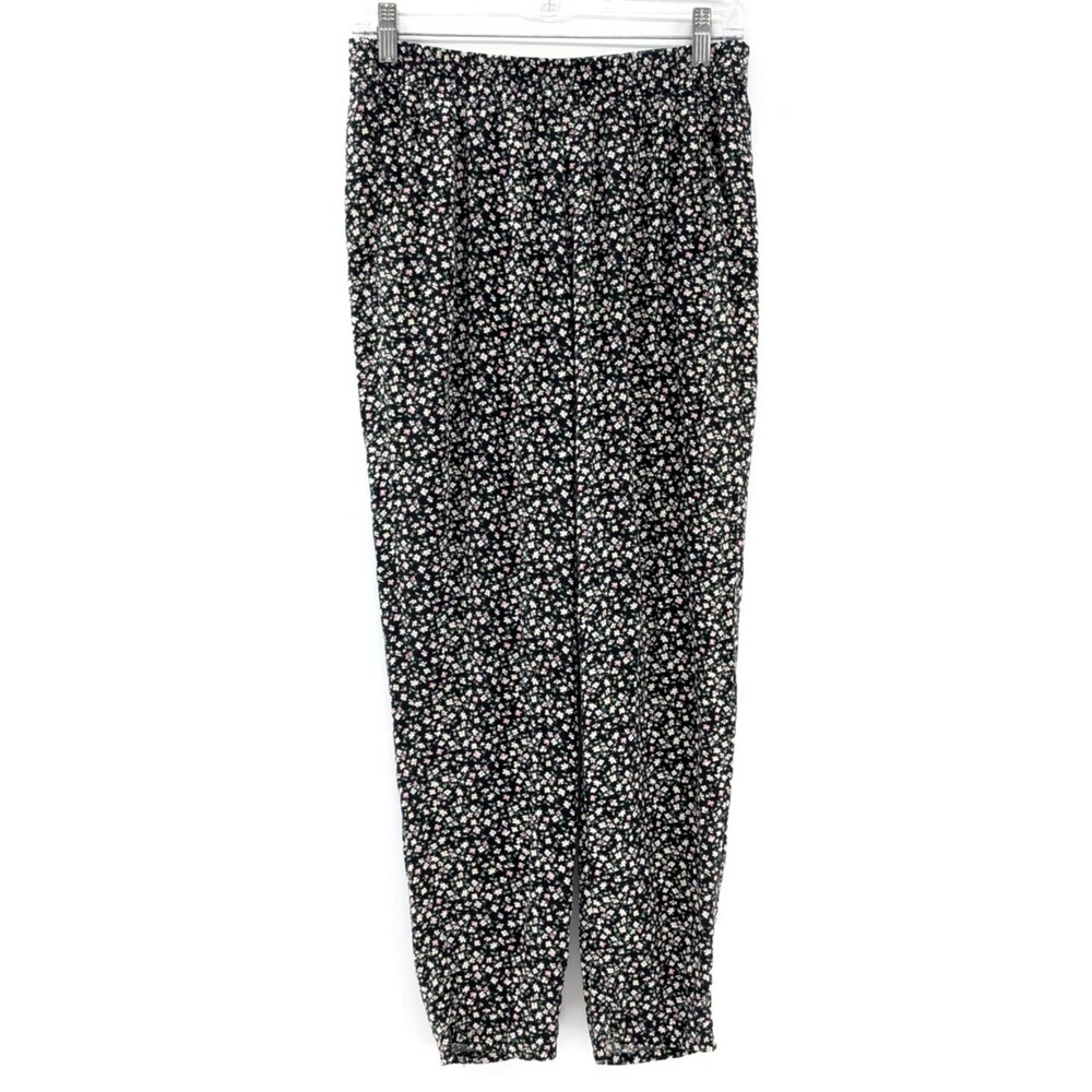 H&M Black Pink Floral Pull On Pants With Pockets Tapered Slim Leg Size 6